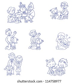 Vector hand drawn doodles sketches of families