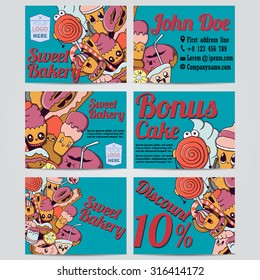 Vector hand drawn doodles sweet bakery products design banners, cards, postcards, brochures, and posters template set