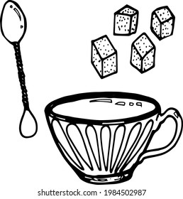 Vector hand drawn doodles tea cup, mug, vector tea objects, sugar