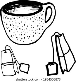 Doodles dibujados a mano de vectores taza de té, taza, objetos de té vectorial, bolsos de té