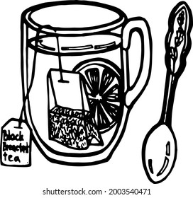 Vector hand drawn doodles tea set, tea with slice of lemon, tea spoon