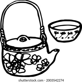 Equipo de té de doodles dibujados a mano por vectores, tetera, hervidor de agua, taza