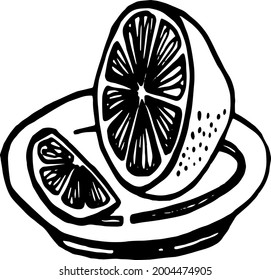 Vector hand drawn doodles tea set, saucer with lemon, lemon slice