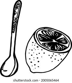 Vector hand drawn doodles tea set, tea objects, teaspoon, half of lemon