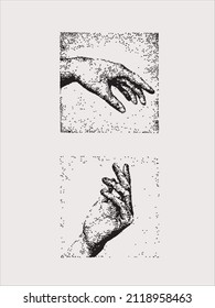 Vector hand drawn dotted illustration of particle hand. Design for creative purposes.