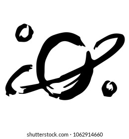 Vector Hand Drawn Drawing Brush of Planet Saturn Science Galaxy Astronomy. Flat Line Icon Logo, Sign, Symbol, Object. Graphic Design Element, Illustration, Poster, Print.