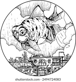 
Vector hand drawn drawing in a circle. Isolated black and white fantasy picture with a goldfish flying over the city.