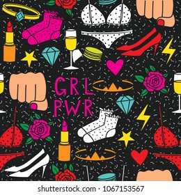 Vector hand drawn drawing doodle seamless pattern with the inscription "Girl's power" and female things isolated on black background. Design of wallpaper about woman power