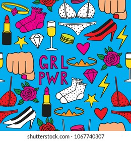 Vector hand drawn drawing doodle seamless pattern with the inscription "Girl's power" and female clothes and accessories . Funny Design of wallpaper about woman power