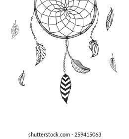 Vector hand drawn Dreamcatcher, tribal design, boho style, with indian feather isolated on white background. Ethnic, aztec illustration