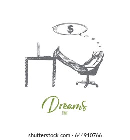 Vector hand drawn Dreams time concept sketch. Businessman sitting in office and dreaming about money and income