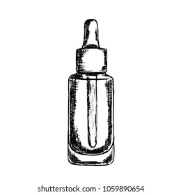 Vector hand drawn dropper bottle for medical or cosmetic fluid, serum, drops, oil. Isolated on white background. Sketched mockup of cosmetic package.