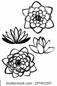vector hand drawn dry brush only contour  lotus set