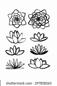 vector hand drawn dry brush only contour lotus set