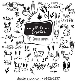 Vector hand drawn easter icon and lettering set. Happy Easter calligraphy, rabbit characters, flowers and plants.