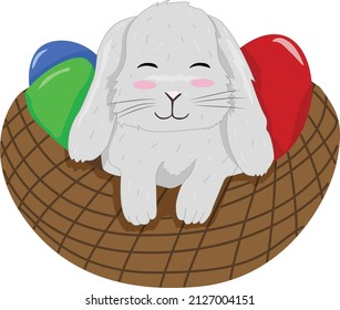 Vector hand drawn easter illustration with ccute rabbit in a basket with eggs on white bacground