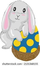 Vector hand drawn easter illustration with cute bunny, eggs on white bacground