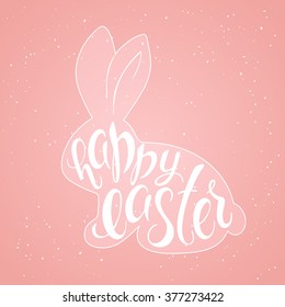 vector hand drawn easter lettering greeting quote in rabbit silhouette of rose quartz background.