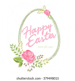 vector hand drawn easter lettering greeting quote with egg and watercolor imitation flowers.