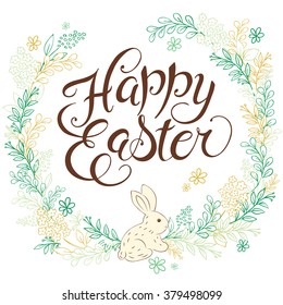 vector hand drawn easter lettering greeting quote with rabbit circled composition surround with floral branches.