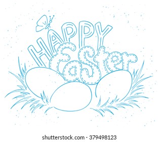 vector hand drawn easter lettering greeting quote with eggs on grass.