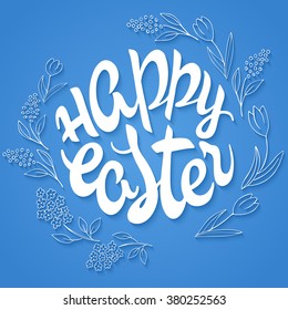vector hand drawn easter lettering greeting quote circled composition surround with floral branches.