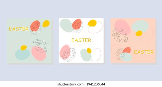 Vector hand drawn Easter posters. Easter posters in pastel colors Trendy Easter design with typography, hand drawn strokes and dots, eggs, pastel colors. Modern minimalistic style. Happy easter.