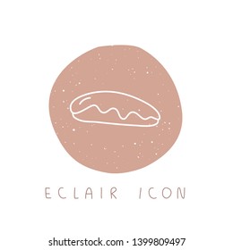 Vector hand drawn eclair with glaze icon for culinary project, blog or logo. Minimalistic culinary stories template