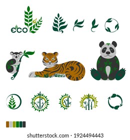 Vector hand drawn eco organic bio logos. Land animals, protect the planet. A set of labels for packaging products.
