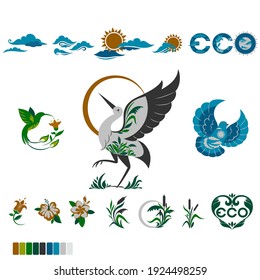 Vector hand drawn eco organic bio logos. Birds, take care of the planet. A set of labels for packaging products.