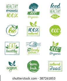 Vector hand drawn eco organic bio logos. Vegan, healthy food signs. Raw, vegetarian badges and stickers. Tags and labels set for cafe, restaurants, products packaging.