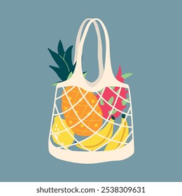 Bolso de compras ecológico dibujado a mano de Vector con ilustraciones planas de moda de frutas, plátano, piña, limón y fruta de dragón. Cartel de arte moderno con estilo para compras conscientes.