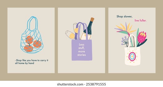 Vector hand drawn eco-friendly shopping bags with flowers, wine bottle, oranges trendy flat illustrations. Stylish modern art poster set promoting mindful shopping.