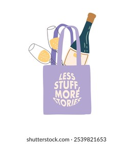 Vector hand drawn eco-friendly shopping bag with wine bottle and glasses trendy flat illustrations. Stylish modern art poster with phrase promoting mindful shopping.