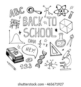 Vector hand drawn education doodles. Math, biology sketch drawing. Back to school illustration.