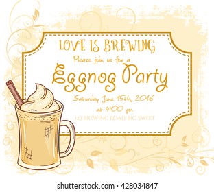 vector hand drawn eggnog  party invitation card, vintage frame, glass and leaves.