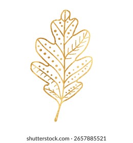 Vector hand drawn Elegant gold line art illustration of an oak leaf with intricate decorative patterns. For autumn design, invitations, prints, and seasonal projects in a luxurious style