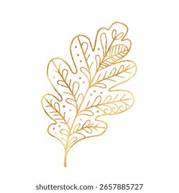 Vector hand drawn Elegant gold line art illustration of an oak leaf with intricate decorative patterns. For autumn design, invitations, prints, and seasonal projects in a luxurious style
