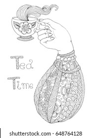Vector hand drawn elegant lady hand holds a mug with a hot drink tea and enjoys the delicious aroma of steam. Patterned page tea time for coloring book A4 size. Isolated on white background
