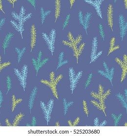 Vector hand drawn elegant minimalist spruce seamless pattern. Cute Christmas, branch background and pattern.