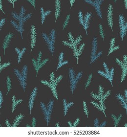 Vector hand drawn elegant minimalist spruce seamless pattern. Cute Christmas, branch background and pattern.