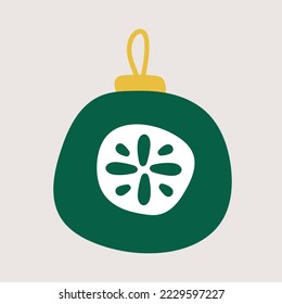 Elemento dibujado a mano vectorial, decoración de árbol de Navidad, juguete verde. Diseño sencillo y moderno, de estilo escandinavo. Para tarjetas de vacaciones, decoraciones, plantillas
