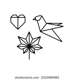 Vector hand drawn element isolated on white background. Origami bird, leaf and heart.