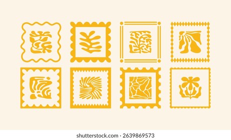 Vector hand drawn elements, abstract floral vacation motifs, summer-themed cut out illustrations with mosaic tropical borders and naive decorative frames