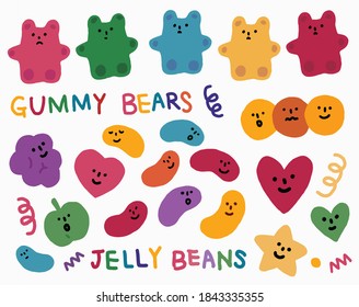 Vector hand drawn elements, Gummy bears, Jelly beans, faces, heart, wave, star, dot.