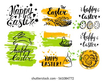 Vector hand drawn elements and handwritten  inscriptions Happy Easter. Template cards and  banners. Brush lettering. Modern ink calligraphy. Bunny, eggs, chicken and cake.