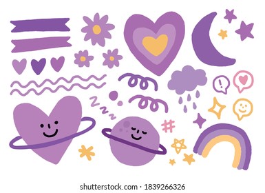 Vector hand drawn elements of perple, Rainbow, love prints background. Labels, faces, heart, wave, star, dot