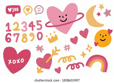 Vector hand drawn elements of pink, Rainbow, love prints background. Labels, faces, heart, wave, star, dot