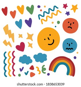 Vector hand drawn elements, Rainbow, love prints background. Labels, faces, heart, wave, star, dot