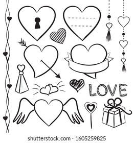 Vector hand drawn elements for Valentine's Day. Set of vector elements. Cute doodle love collection. Hearts and love illustration